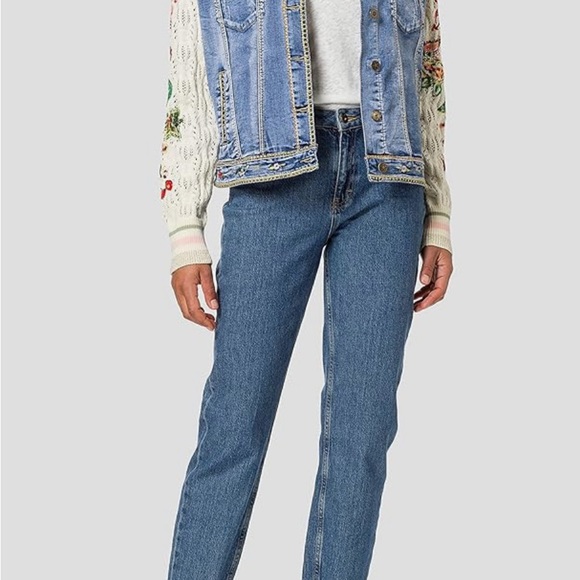 Desigual Pakaian Jadi Wanita Denim Jacket with Knit Sleeves Floral Embroidery 36 - Picture 2 of 8